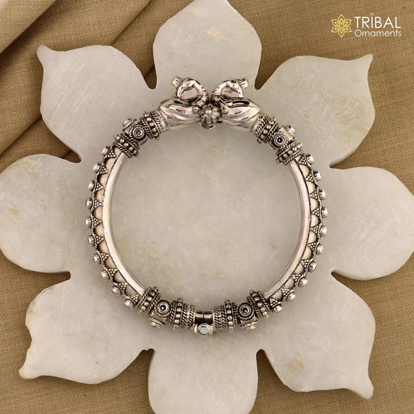 925 Sterling silver vintage peacock design cubic zircon stone tribal ethnic bangle bracelet kada Rnsk621
