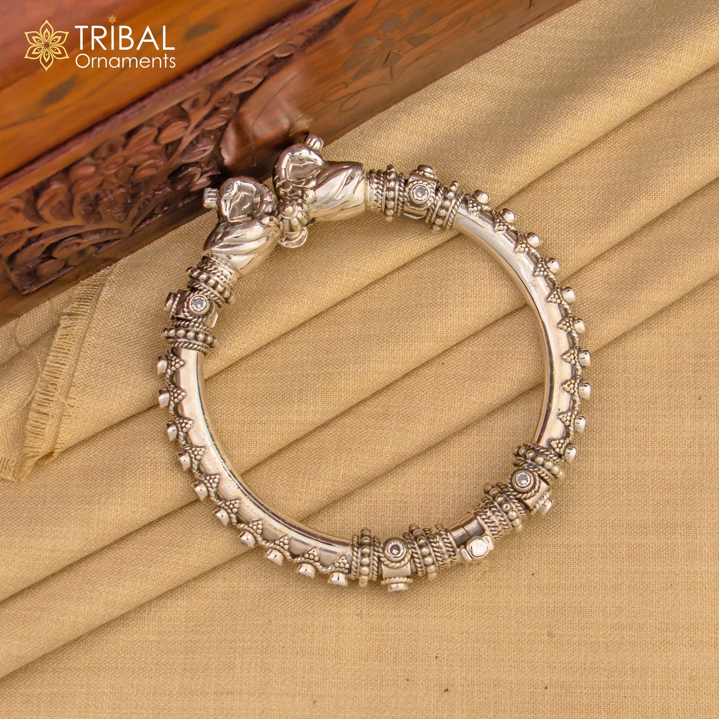 925 Sterling silver vintage peacock design cubic zircon stone tribal ethnic bangle bracelet kada Rnsk621