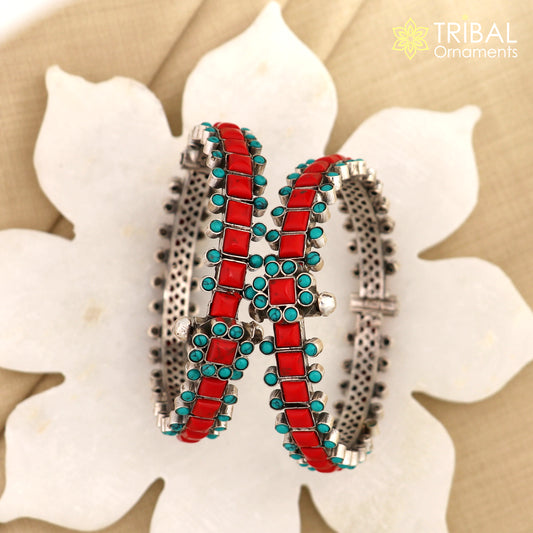 925 sterling silver red coral bangle bracelet with unique closure vintage tribal jewelry nsk815