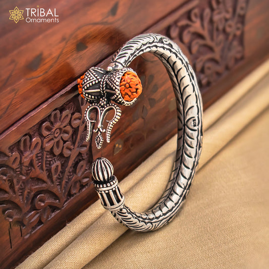 925 Sterling silver handmade chitai work Lord Shiva trident trishul kada bangle bracelet with natural Rudraksha customized kada nsk592