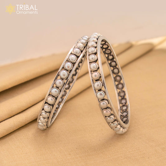 925 sterling silver gorgeous pearl bangle bracelet, fabulous oxidized customized bridal made gifting single bangle jewelry from india ba53