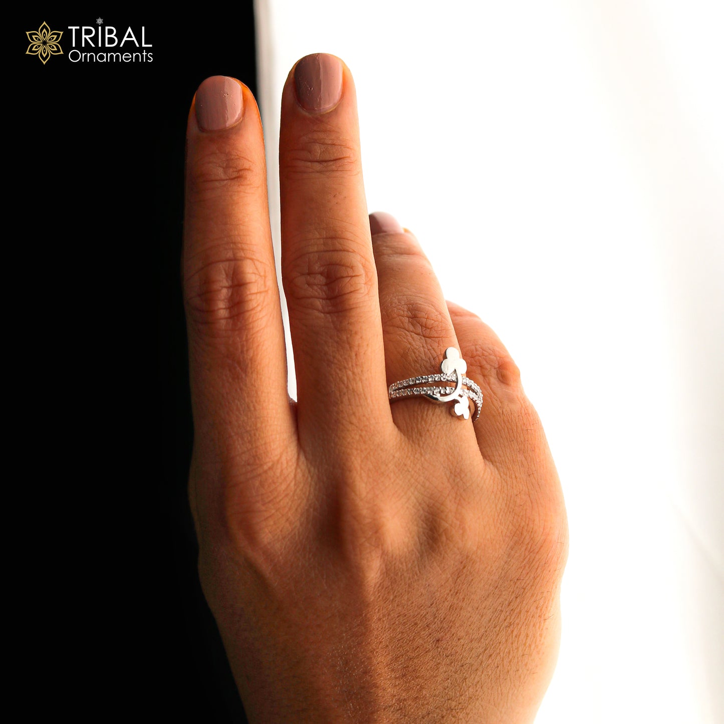 Flower design diamond rose gold silver ring - TRIBAL ORNAMENTS