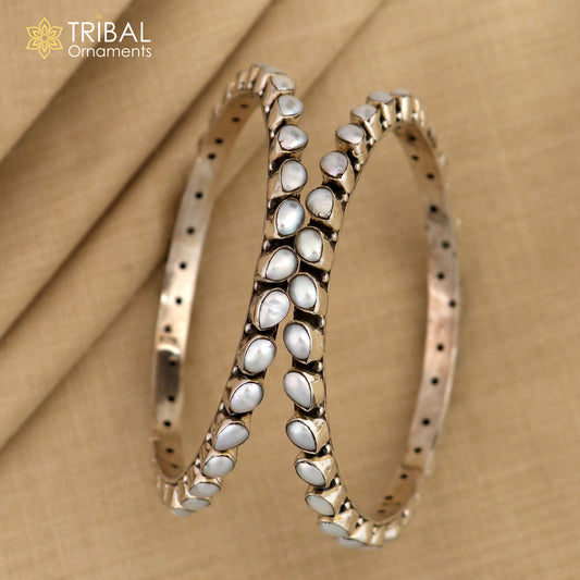 925 sterling silver natural pearls bangle bracelet, stylish fancy functional jewelry nba0385