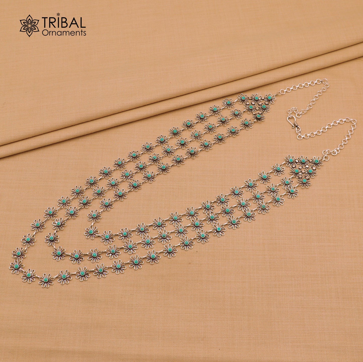 925 sterling silver floral style turquoise stone 3 line necklace set ethnic jewelry set793