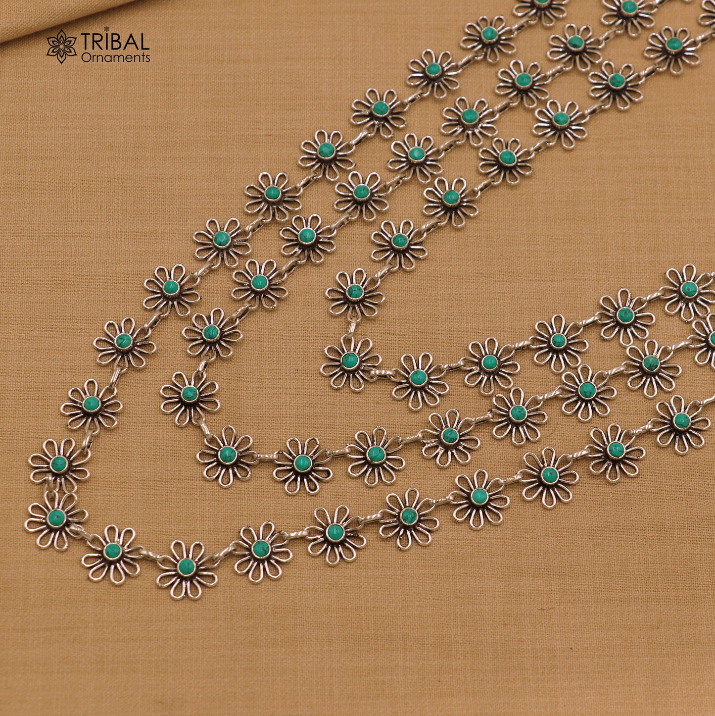 925 sterling silver floral style turquoise stone 3 line necklace set ethnic jewelry set793