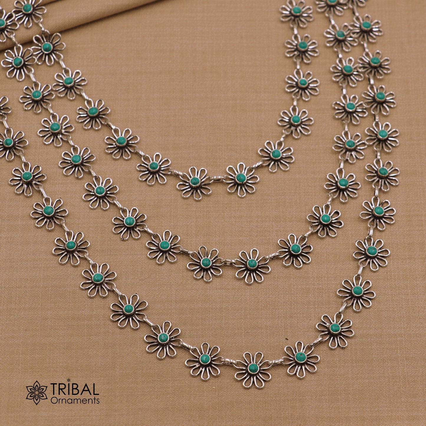 925 sterling silver floral style turquoise stone 3 line necklace set ethnic jewelry set793