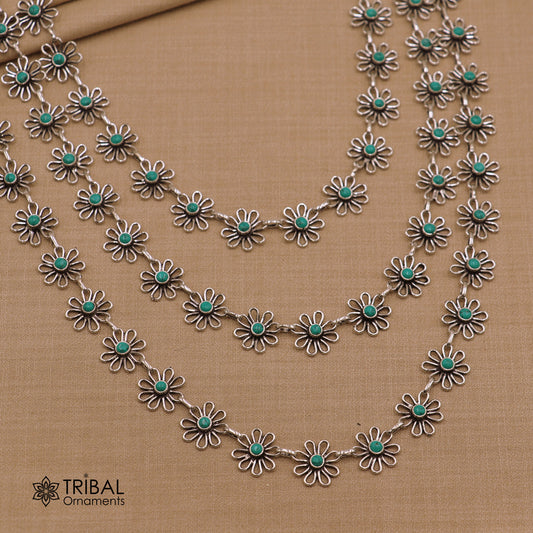 925 sterling silver floral style turquoise stone 3 line necklace set ethnic jewelry set793