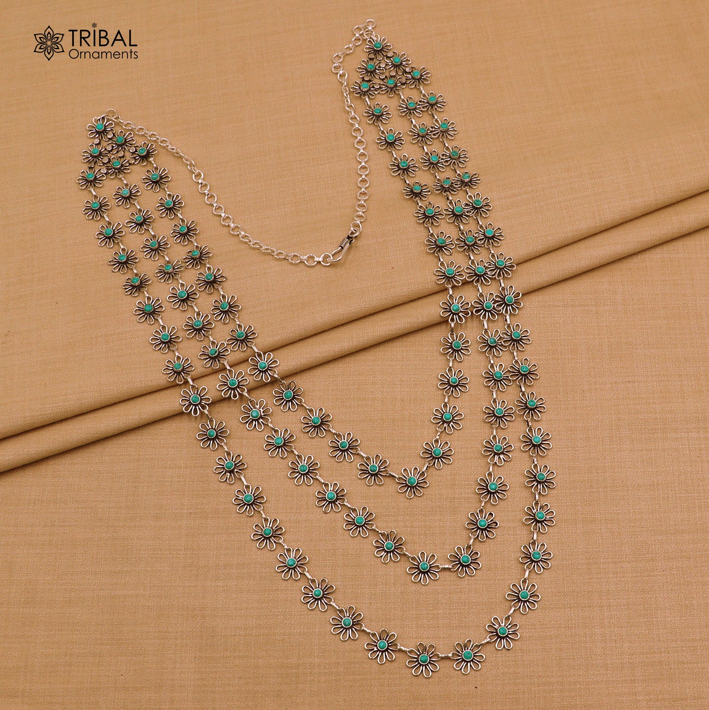 925 sterling silver floral style turquoise stone 3 line necklace set ethnic jewelry set793