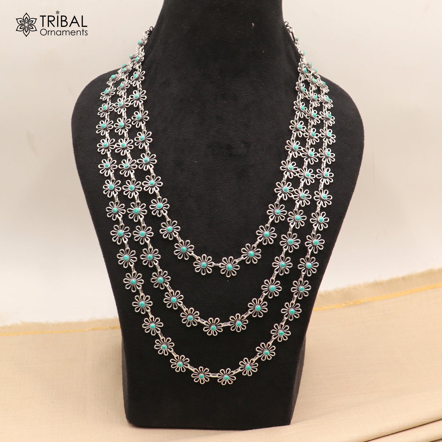 925 sterling silver floral style turquoise stone 3 line necklace set ethnic jewelry set793