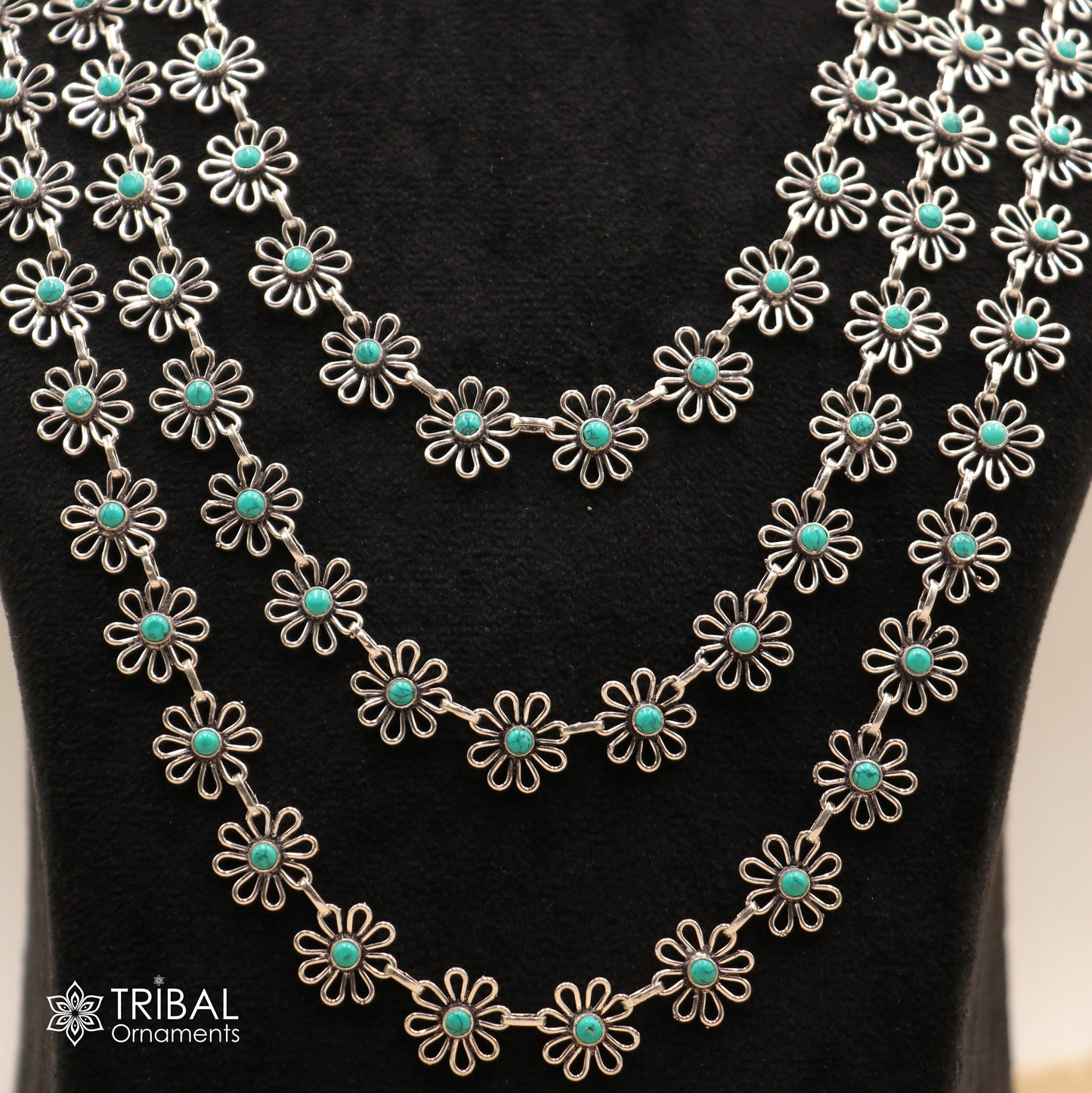 925 sterling silver floral style turquoise stone 3 line necklace set ethnic jewelry set793