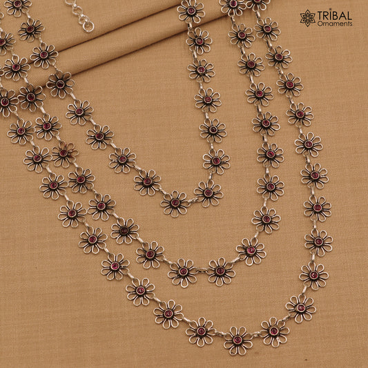 925 sterling silver floral style red stone 3 line necklace set ethnic jewelry set794