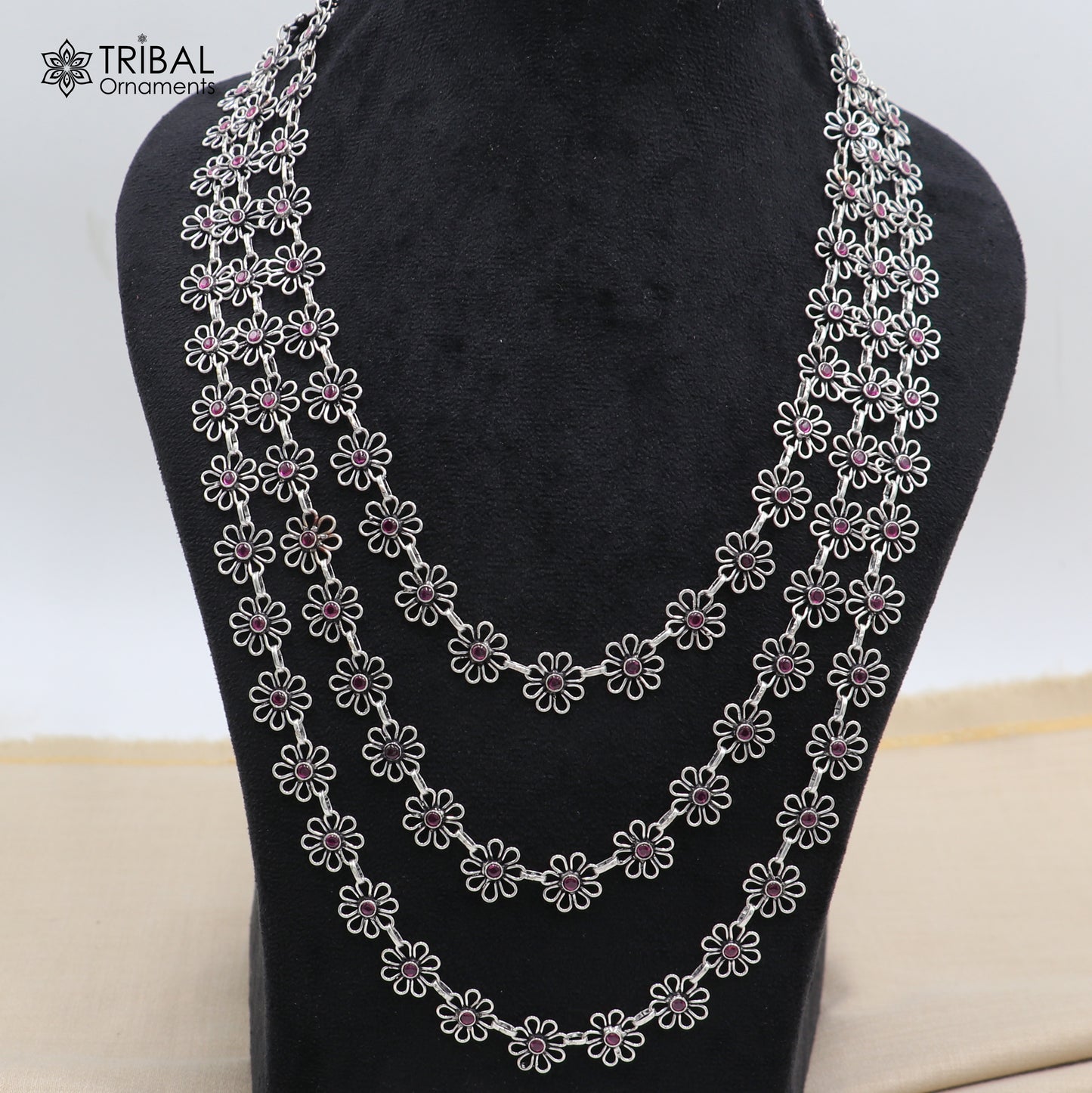 925 sterling silver floral style red stone 3 line necklace set ethnic jewelry set794