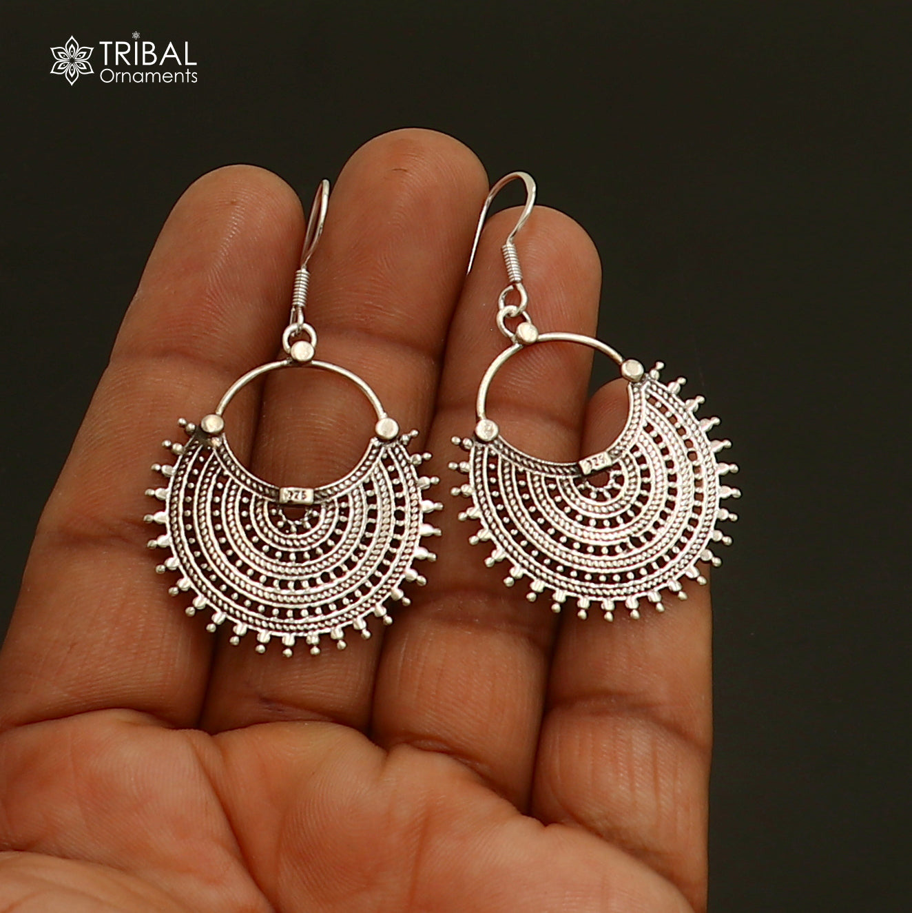925 sterling silver ethnic half moon style traditional drop dangle earring ear748