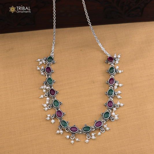 925 sterling silver ruby red and green cut stone necklace ethnic Oxidized jewelry set852