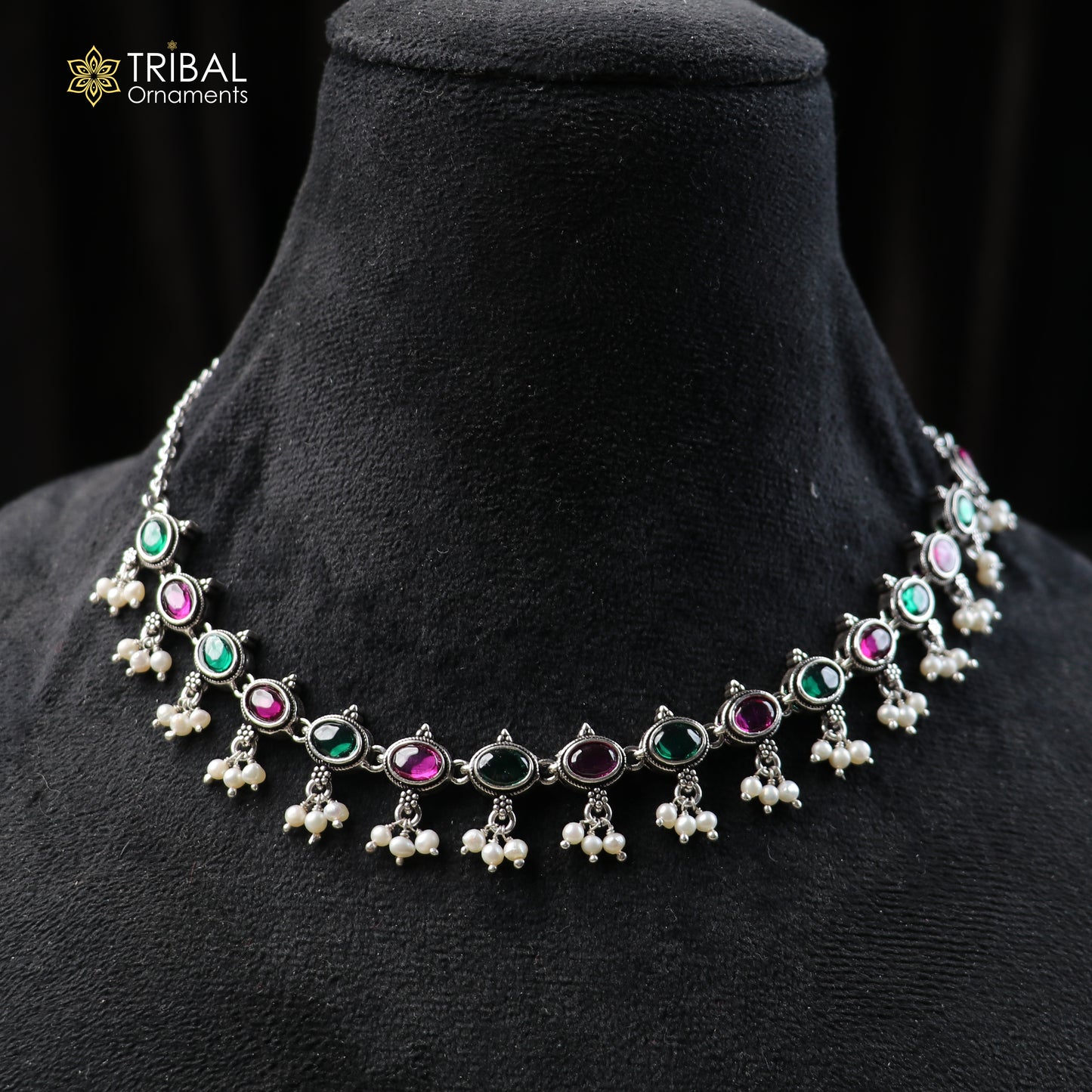925 sterling silver ruby red and green cut stone necklace ethnic Oxidized jewelry set852