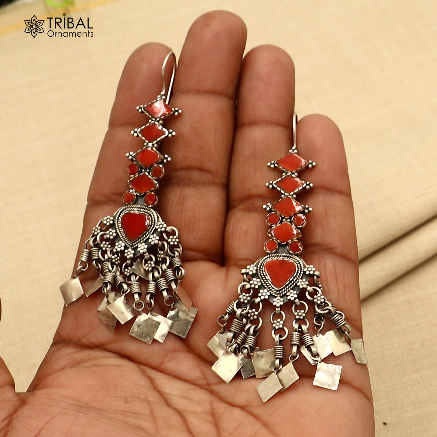 925 sterling silver ethnic coral hook style traditional drop dangle earring ear749