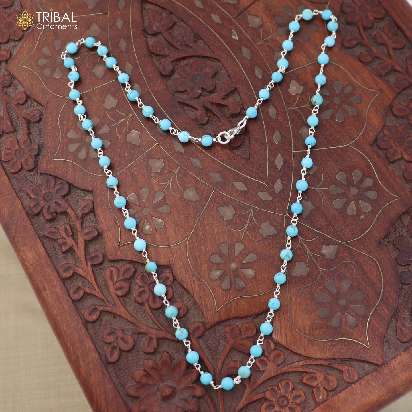 925 sterling silver turquoise color round shape stone beaded necklace ch652