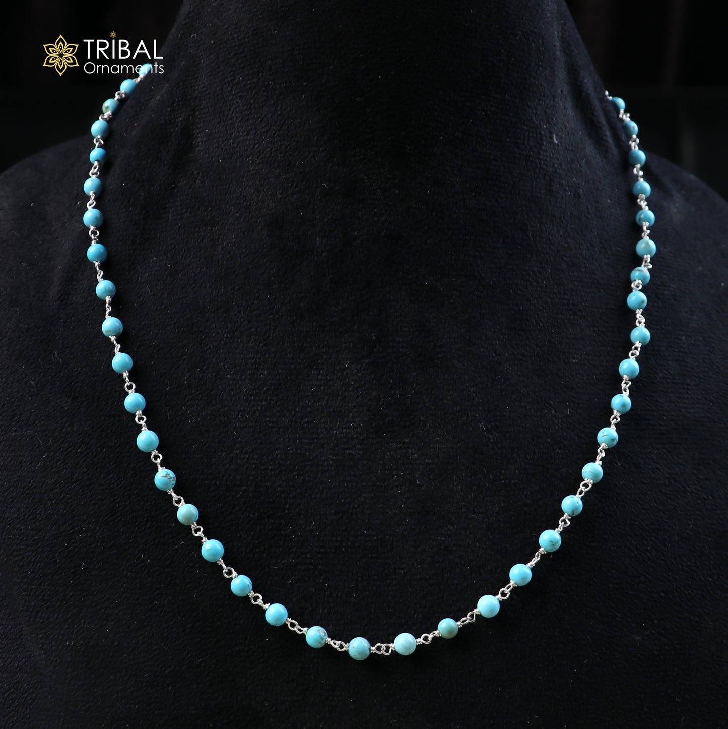 925 sterling silver turquoise color round shape stone beaded necklace ch652