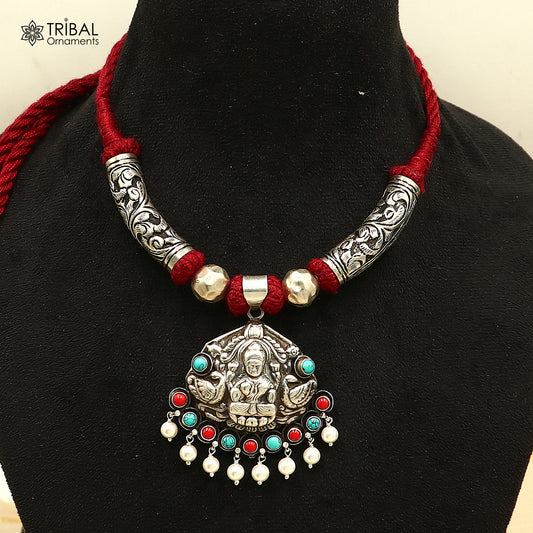 925 sterling silver chitai work Laxmi ji red thread (dori) banjara necklace set783