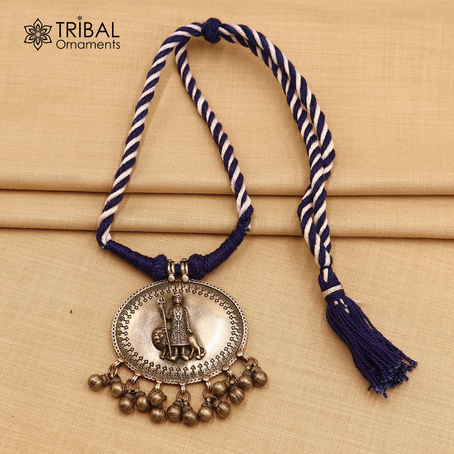 925 sterling silver chitai work Indian deity blue thread (dori) necklace banjara jewelry set785