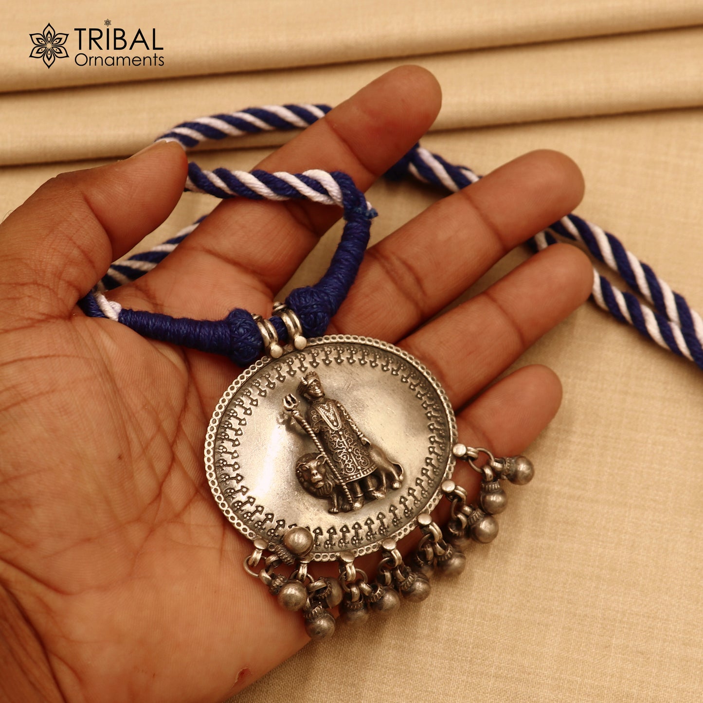 925 sterling silver chitai work Indian deity blue thread (dori) necklace banjara jewelry set785