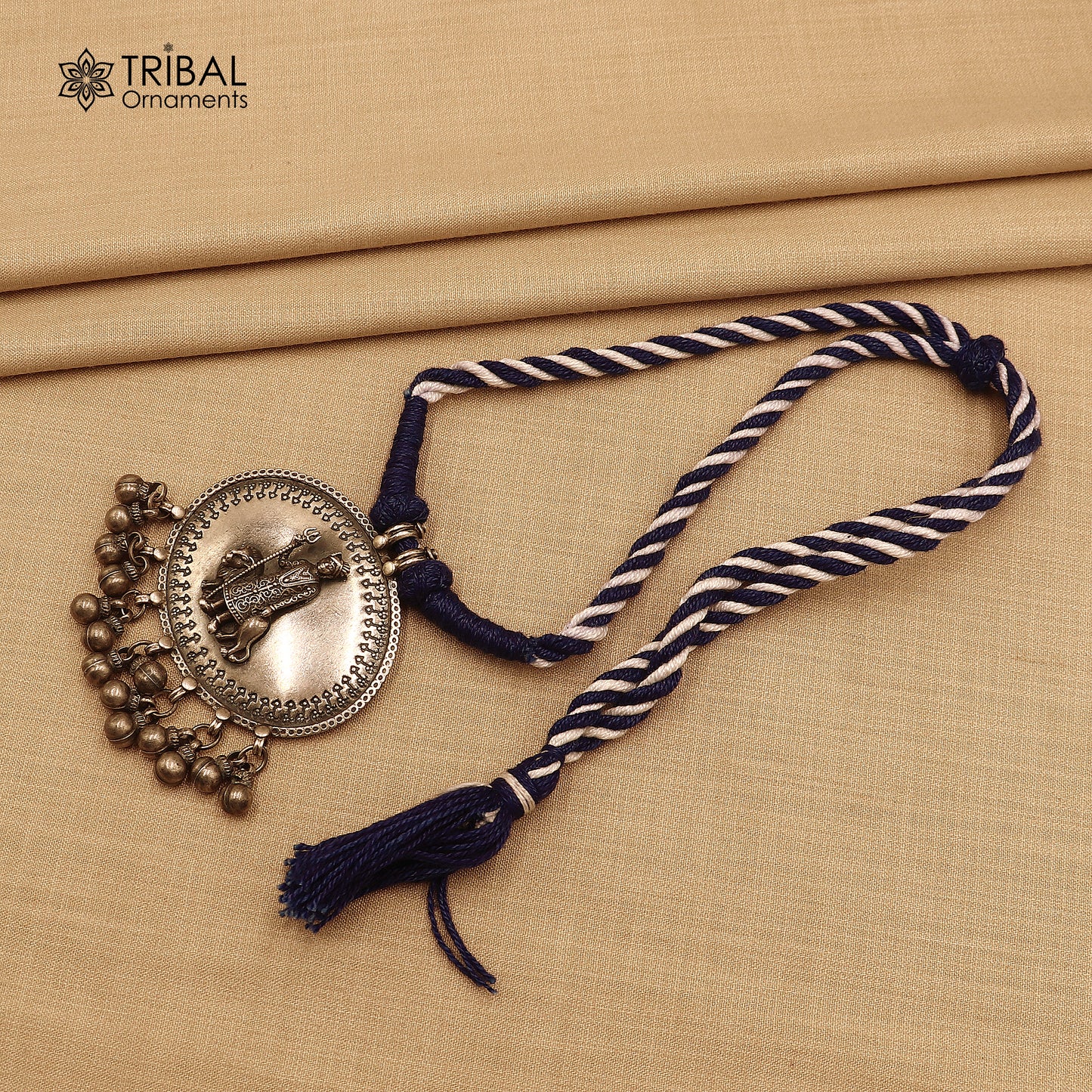 925 sterling silver chitai work Indian deity blue thread (dori) necklace banjara jewelry set785