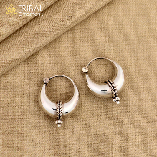 Exclusive 925 sterling silver Handmade vintage ethnic style hoops earrings Kundal unisex tribal stylish unique Bali jewelry India ear1230