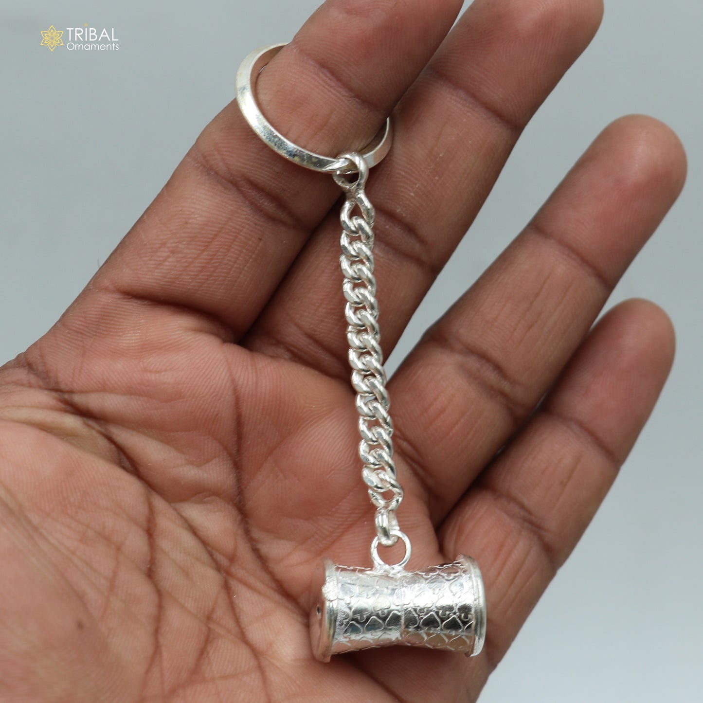 925 Sterling silver Shiva damru design key chain with vintage style, solid and unisex, ideal for stylish royal gifting.