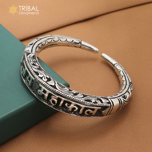 925 Sterling silver chitai work "JAI MAHAKAL"shiva mantra bracelet kada unisex tribal ethnic jewelry nsk965 - TRIBAL ORNAMENTS