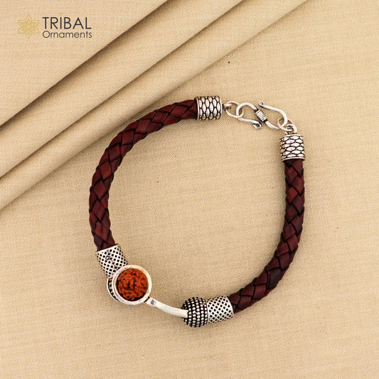 925 sterling silver customized trident design lord Shiva rudraksha bracelet, leather belt trident shiva bracelet best gift for him Rnsbr593