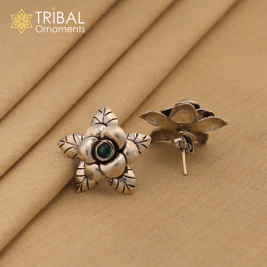 925 sterling silver handmade floral design Stud earring with green stone fancy girl's earring brides jewelry from india S1253