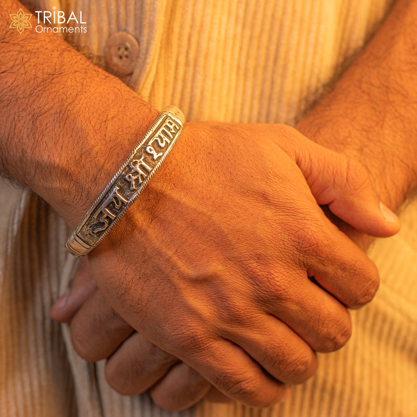925 Sterling silver handmade chitai work "jai shree shyam" lord krishna mantra bracelet kada best divine unisex tribal ethnic jewelry nsk649 - TRIBAL ORNAMENTS