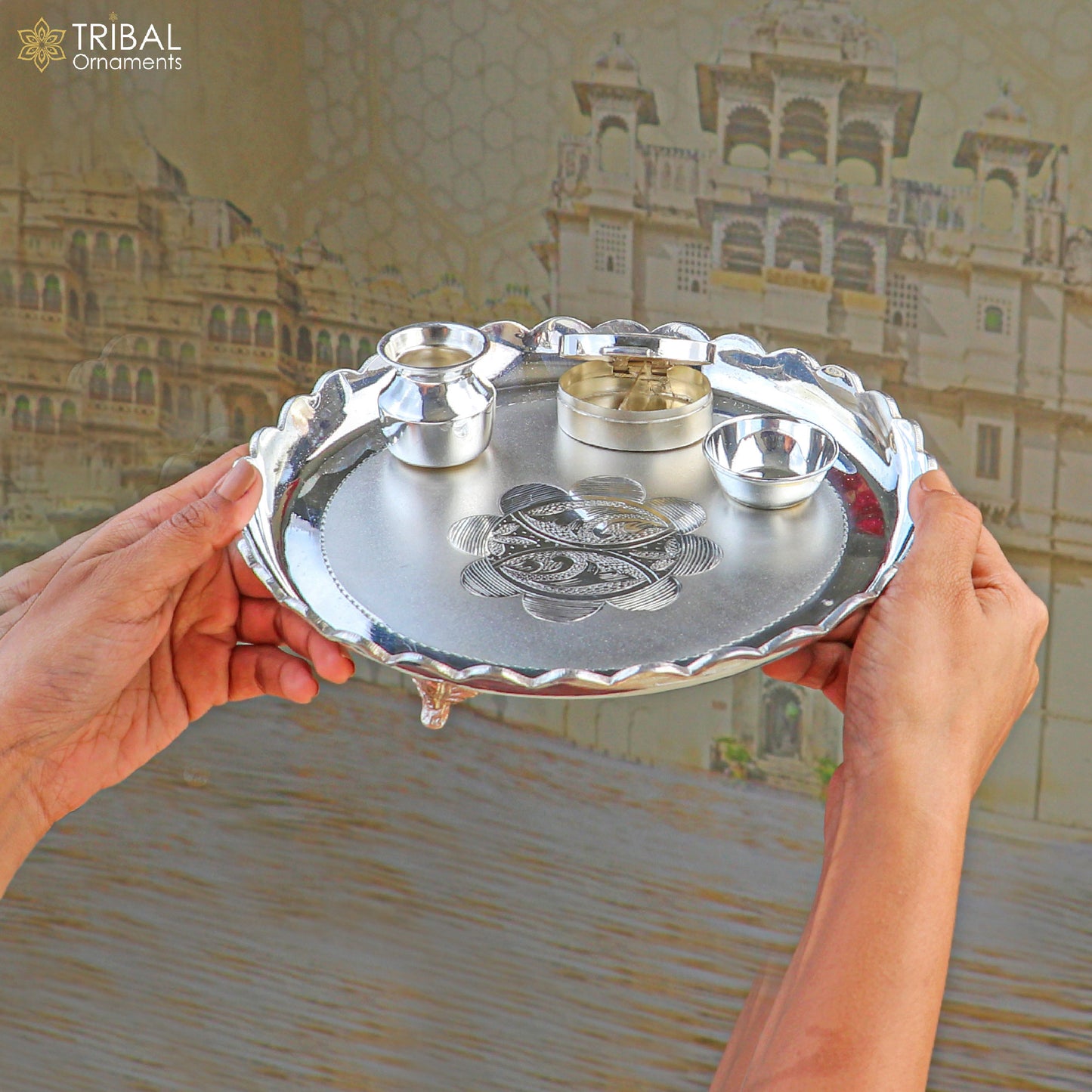 999 silver bowl plate and kalash silver pooja Thali set utensils sv327 - TRIBAL ORNAMENTS