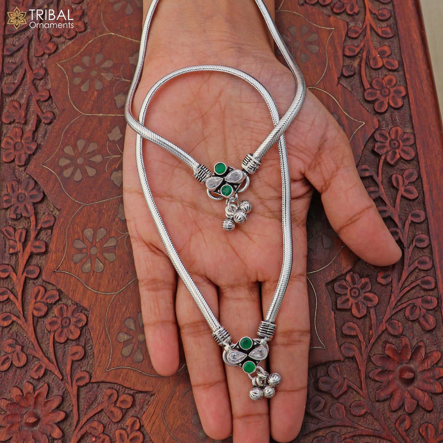 10.5" 925 sterling silver stone anklets foot bracelet belly dance jewelry ank748 - TRIBAL ORNAMENTS