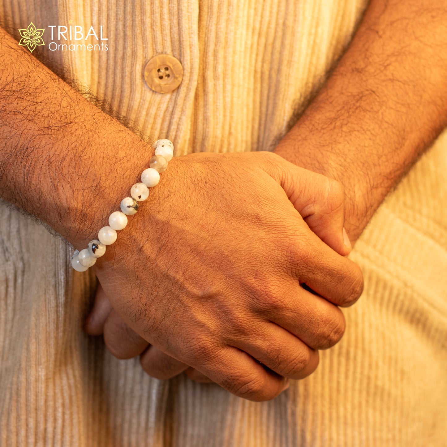 8 MM moon natural (white/grey) stone beaded handmade bracelet, customized unisex Jewelry, stnbr119 - TRIBAL ORNAMENTS