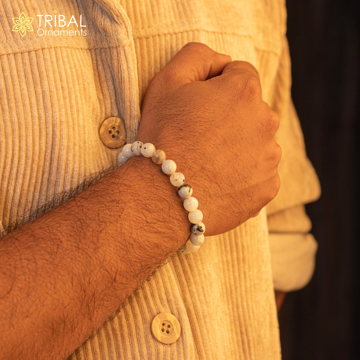 8 MM moon natural (white/grey) stone beaded handmade bracelet, customized unisex Jewelry, stnbr119 - TRIBAL ORNAMENTS
