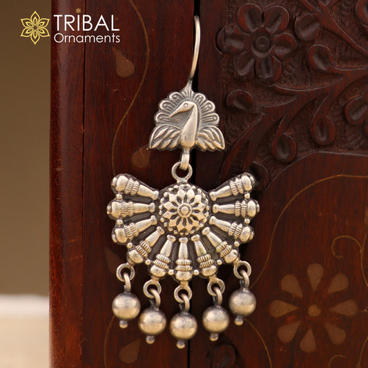 925 sterling silver antique peacock design hoops earrings hanging jingle bells tribal jewelry s354