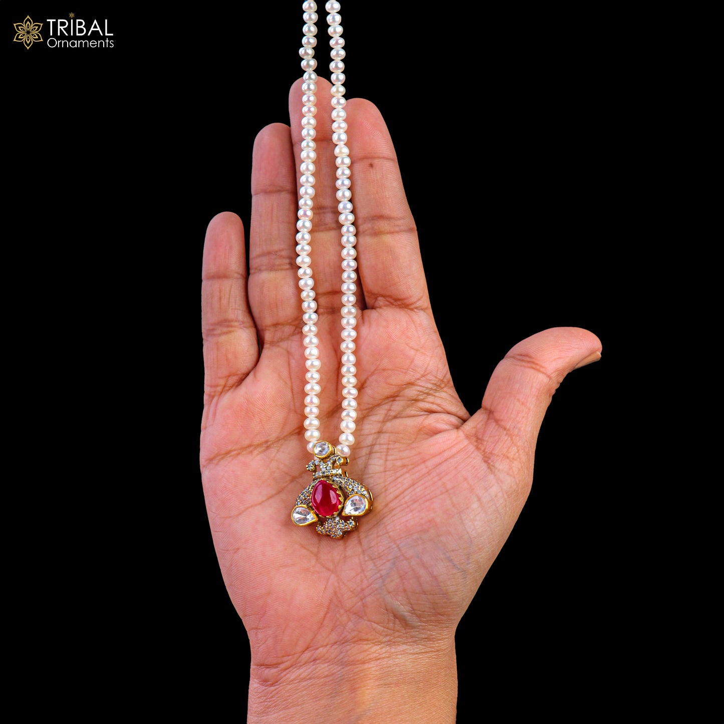 925 sterling silver kundan work polki charm pendant with pearl necklace jewelry set813 - TRIBAL ORNAMENTS