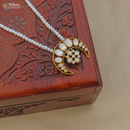 925 sterling silver kundan work polki charm pendant with pearl necklace jewelry set814 - TRIBAL ORNAMENTS