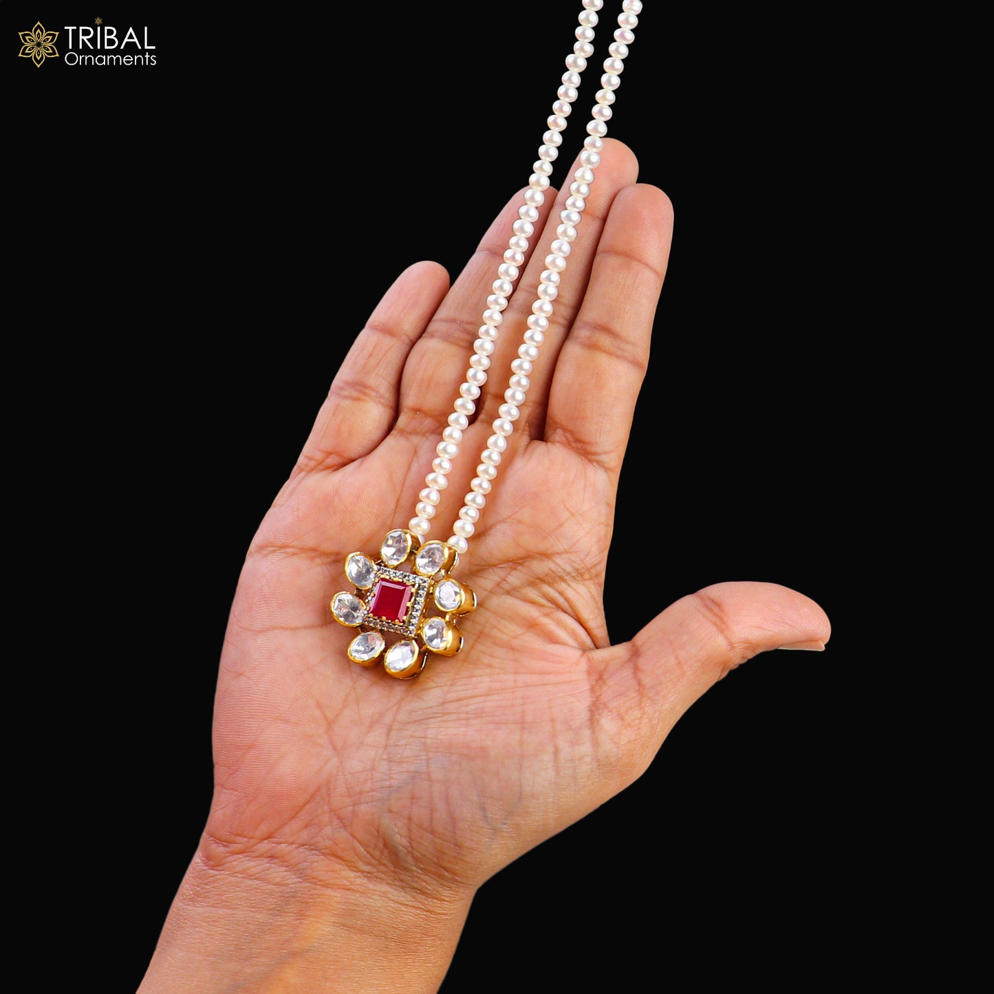 925 sterling silver kundan work polki charm pendant with pearl necklace jewelry set815 - TRIBAL ORNAMENTS