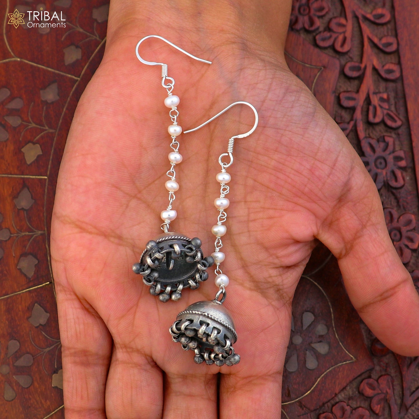 925 sterling silver jumka earrings with pearl oxidized jewelry er264 - TRIBAL ORNAMENTS