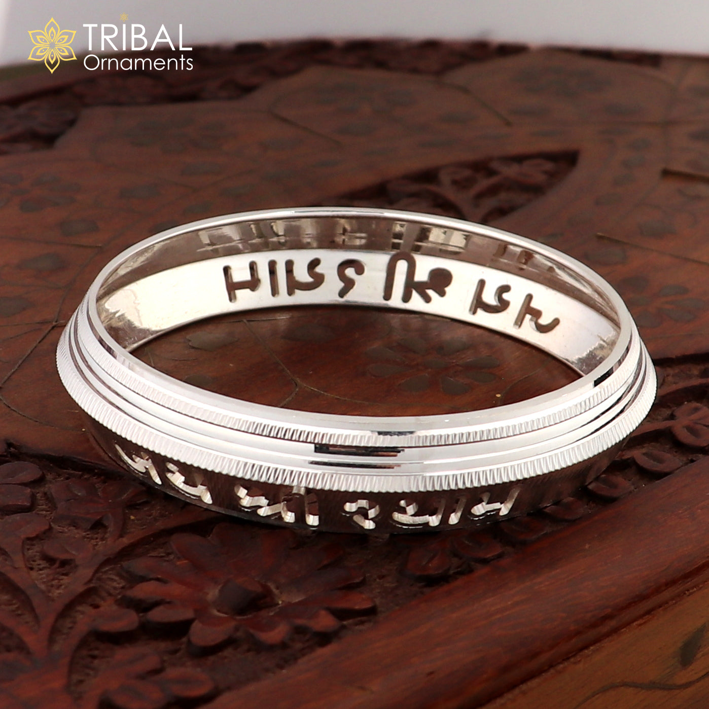 999 pure silver stylish jai shree shayam ( krishna mantra ) shiny bangle kada nsk924