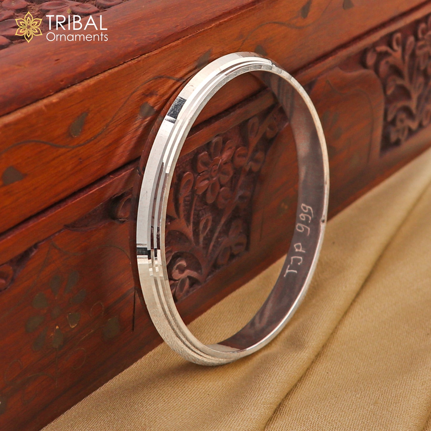 999 pure silver stylish jai shree shayam ( krishna mantra ) shiny bangle kada nsk927