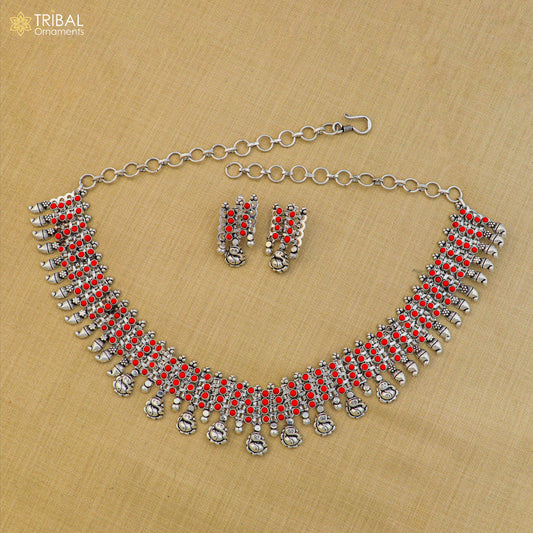 925 sterling silver coral red stone traditional necklace with earring best ethnic jewelry set810 - TRIBAL ORNAMENTS