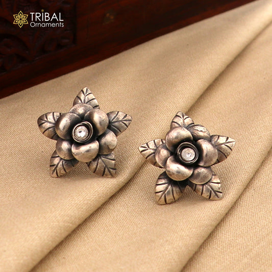 925 sterling silver floral design Stud earring with single stone fancy girl's earring brides jewelry S1254