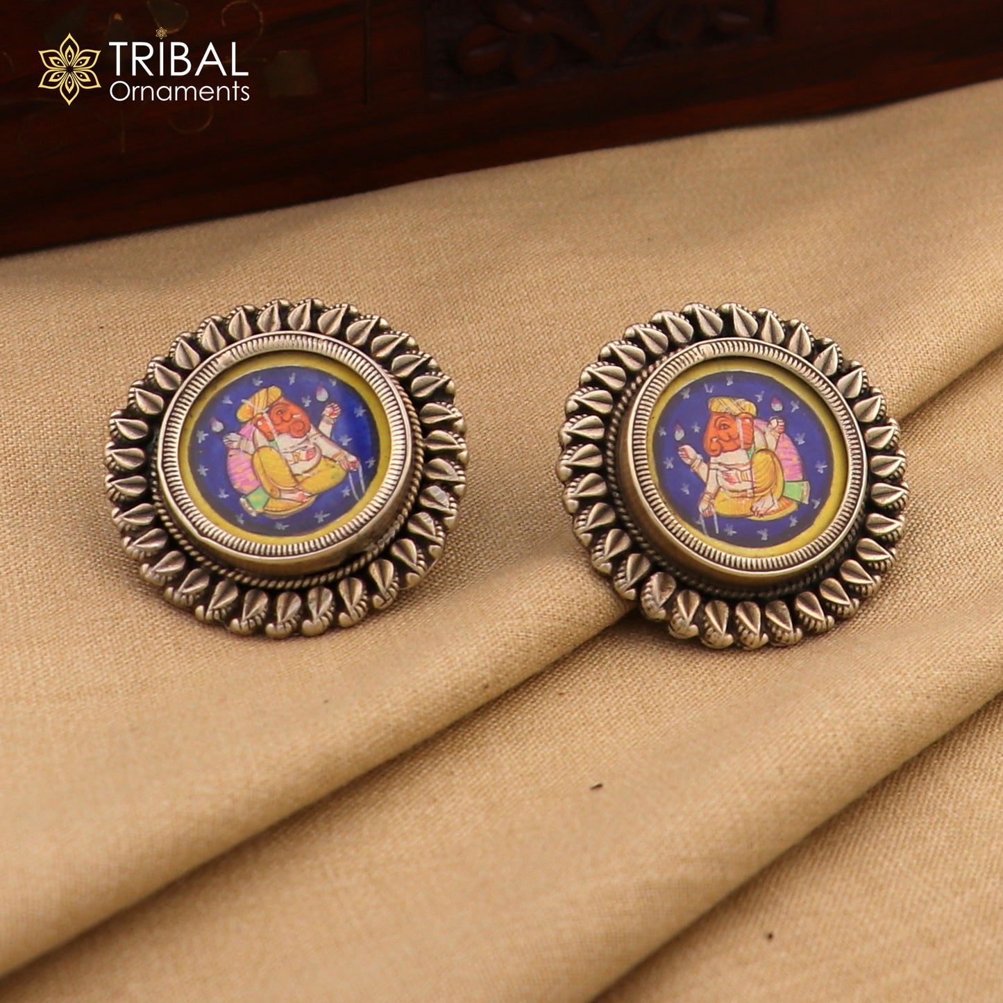 925 sterling silver lord Ganesha painting miniature art Painting hoops earring s1338