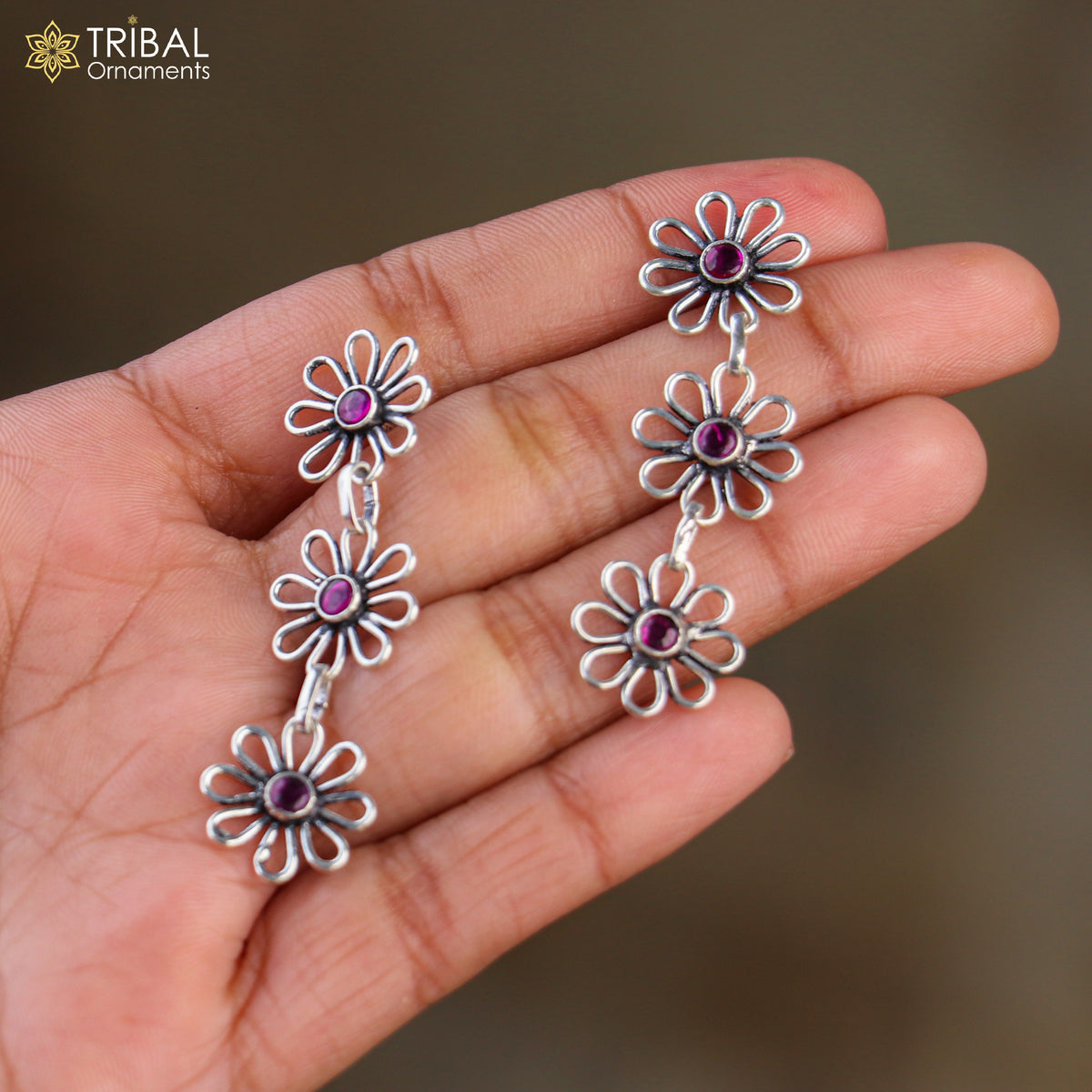 925 sterling silver floral-style red stone necklace set with three layered lines, ethnic jewelry by TRIBAL ORNAMENTS.