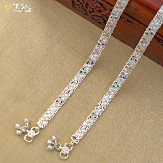 Sterling silver vintage anklet with colorful stones, foot bracelet for belly dance, featuring intricate tribal design.