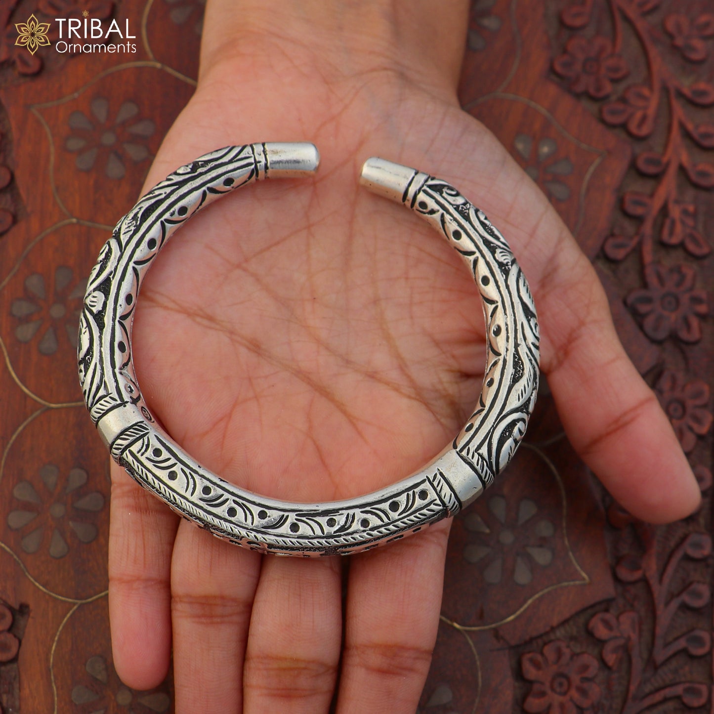 Unisex 925 Sterling silver "Jai Sita Ram" Ram mantra bracelet kada with tribal ethnic design by TRIBAL ORNAMENTS.