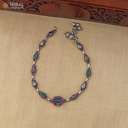 Sterling silver vintage anklet with colorful stones, intricate design, and belly dance jewelry style from TRIBAL ORNAMENTS.